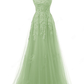 A Line Scoop Neck Tulle Floor Length Appliques Lace Light Green Long Prom Dress Y834