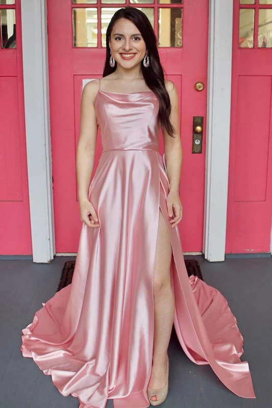 Simple Pink Satin Long Prom Dress with High Slit, Long Pink Formal Graduation Evening Dress Y212