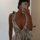 A-line V Neck Blue Print Floral Short Homecoming Dress Summer Beach Dress Y429