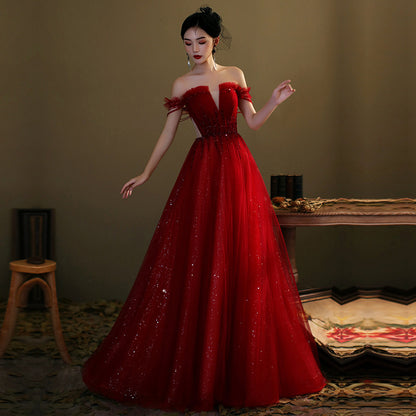 Red tulle sequins long prom dress red evening gown Y1179