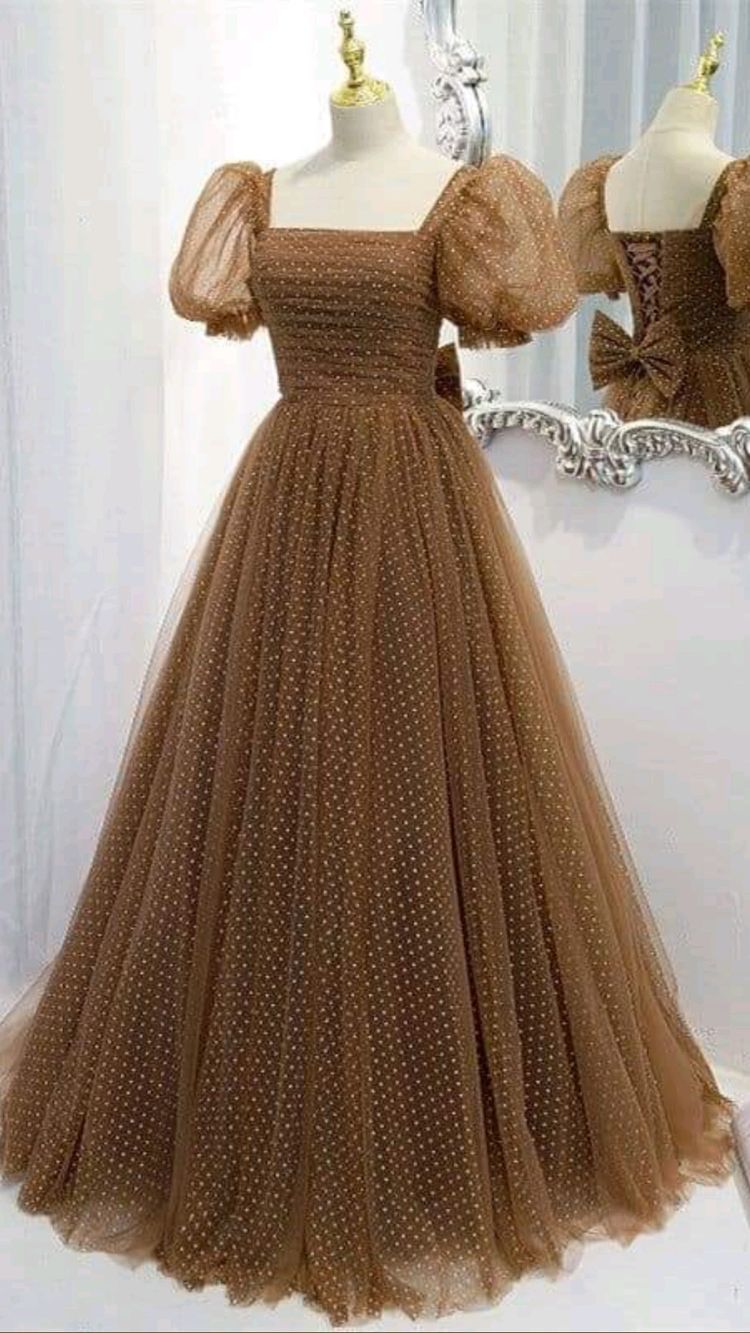 Beautiful Prom Dress New Brown Evening Dress Elegant Collar Puff Sleeve A-line Floor-length Point Prom Formal Gowns  Y1174