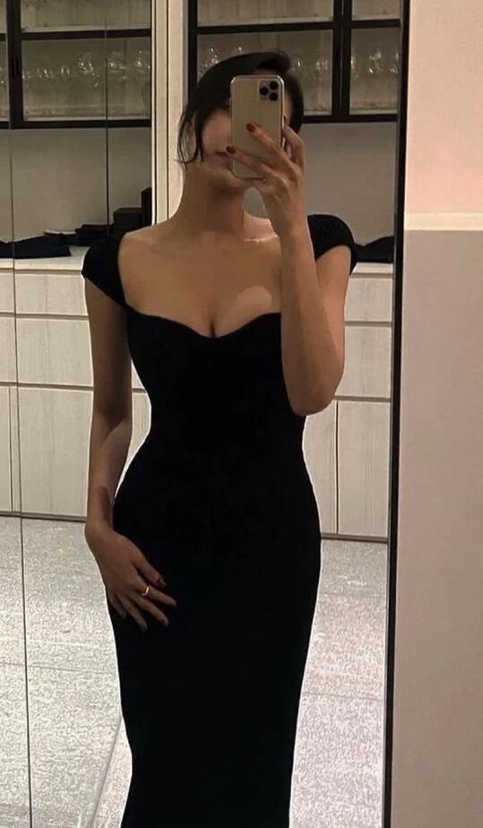 Simple Floor Length Black Prom Evening Dress With Cap Sleeves Y1142