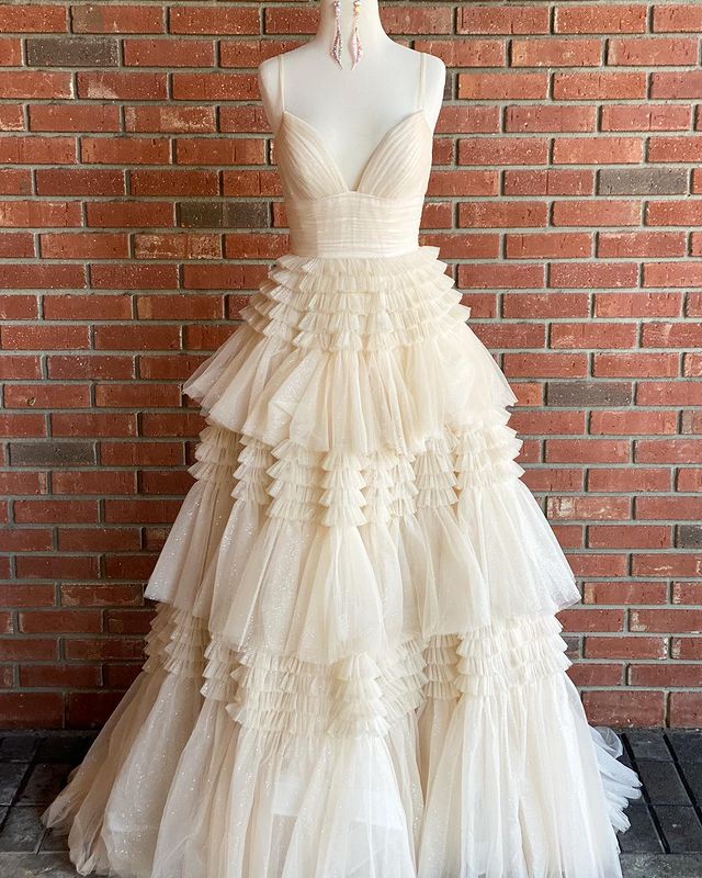 Ball Gown V Neck Straps Light Champagne Tulle Prom Dresses Y1875