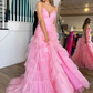 Princess Pink Strappy Frill-Layered A-Line Long Prom Dress Y1873
