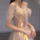 A Line Tulle Sequin Long Prom Dress, Off Shoulder Formal Graduation Dress Y1491