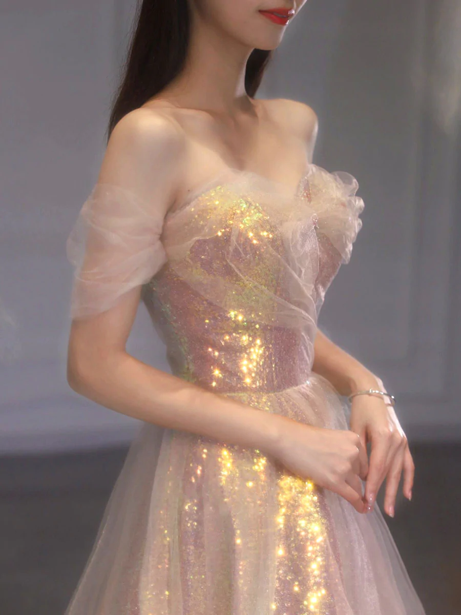 A Line Tulle Sequin Long Prom Dress, Off Shoulder Formal Graduation Dress Y1491