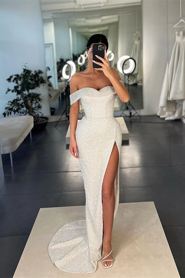 Mermaid White Off-the-Shoulder Sequins Prom Dress With Split Y375