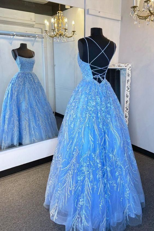 Elegant Straps Blue Appliqued Formal Dress A-line Prom Dress Y185