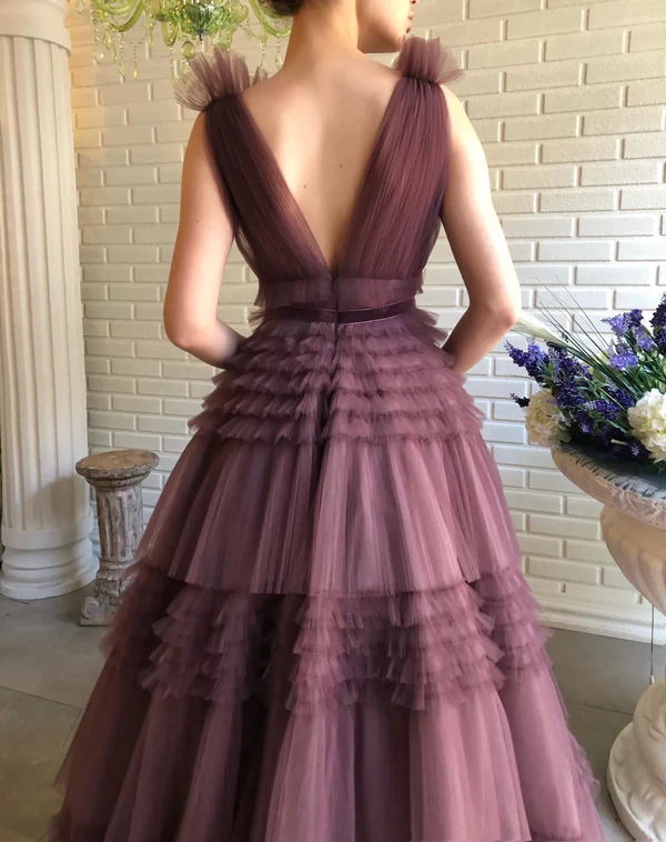 Dusty Purple Long A Line Prom Dresses, Chic Tulle Prom Dresses, High Waist Prom Dresses Y1913