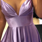 Purple V-Neck Satin Long Prom Dress, Simple A-Line Evening Dress Y927