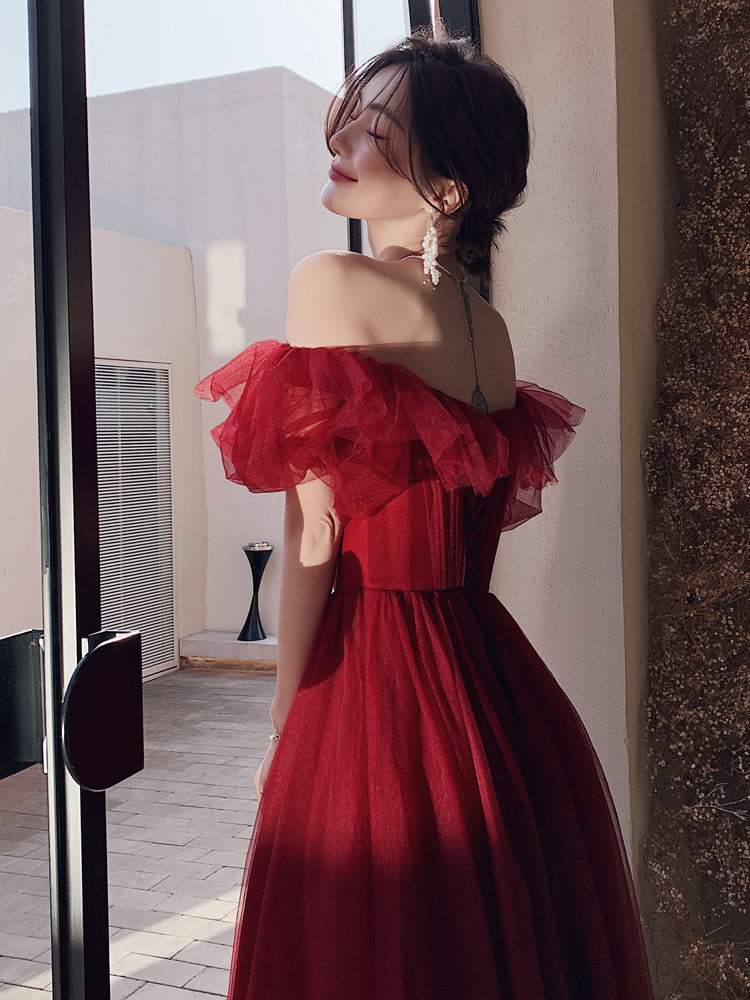 Dark Red Velvet Long Formal Gown, Off Shoulder Dark Red Prom Dress Y1435