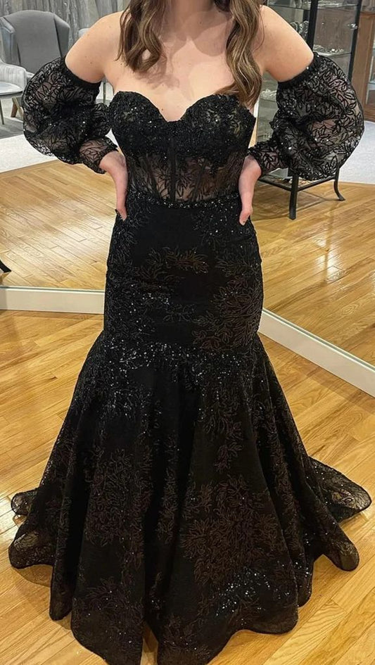 Charming Black Lace Mermaid Prom Dresses,Sexy Black Formal Gown Y1496