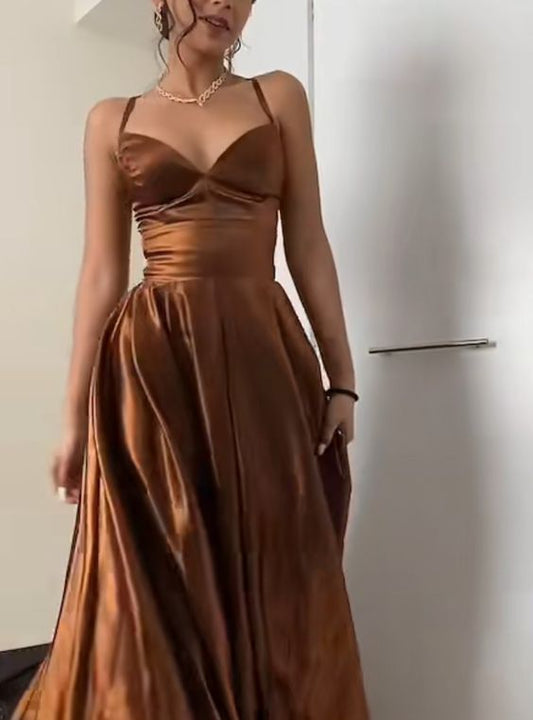 Brown V Neck Criss-Cross Back Spaghetti Strap Evening Dress Y799