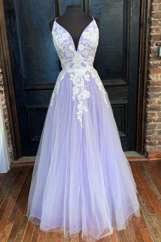Lavender Tulle Applique Spaghetti Straps Long Dress Tulle Prom Dress Y889