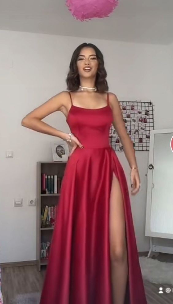 A Line Dark Red Prom Dress With Split Custom Size Y803