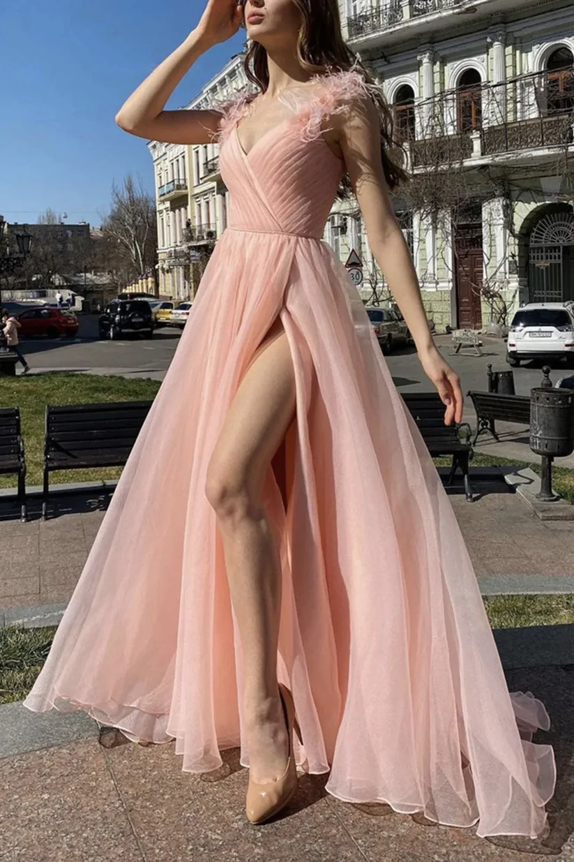 Elegant V Neck Pink Tulle Long Prom Dresses with High Slit, Pink Tulle Formal Graduation Evening Dresses Y1296