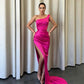 Sexy Mermaid One Shoulder Fuchsia Satin Long Prom Dresses With Slit Y361