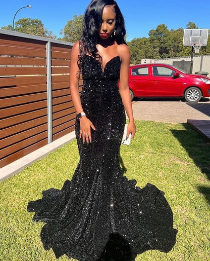 Sexy Sparkly Mermaid Black Sequins Long Prom Dress Y362