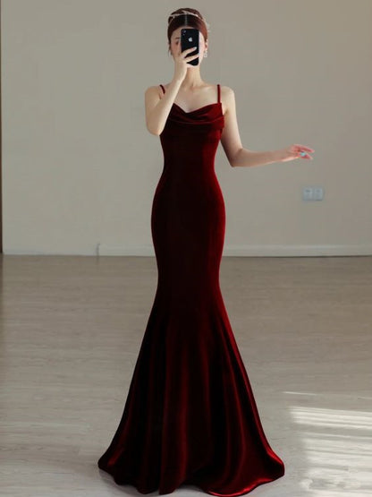Burgundy Mermaid Spaghetti Straps Long Prom Dress Charming Burgundy Evening Dress Y384