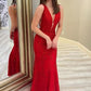 Red Lace Appliques Mermaid Deep V Neck Long Prom Dresses, Evening Dress Y369