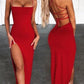 Red long prom dress , open back prom dress Y282