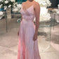 A-line V Neck Spaghetti Straps Pink Sleeveless Evening Dress Generous Pink Prom Dress Y723