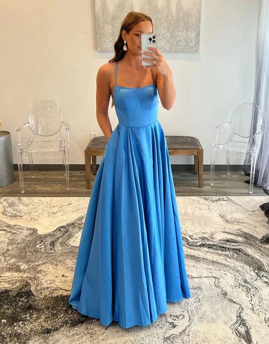 Simple Blue Spaghetti Straps Backless A-Line Prom Dresses Y468