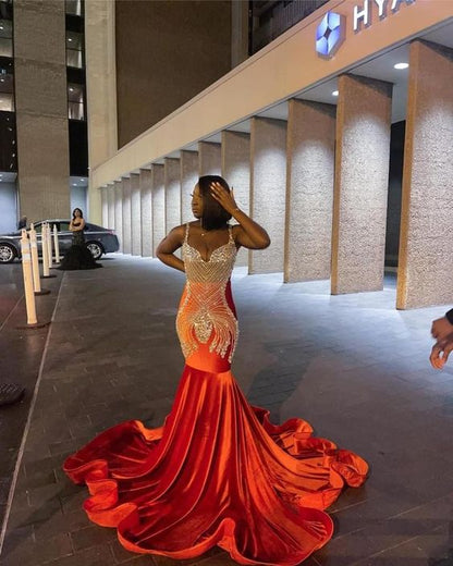 New Arrival Orange Mermaid Prom Dresses Black Girls Formal Party Dress Y66