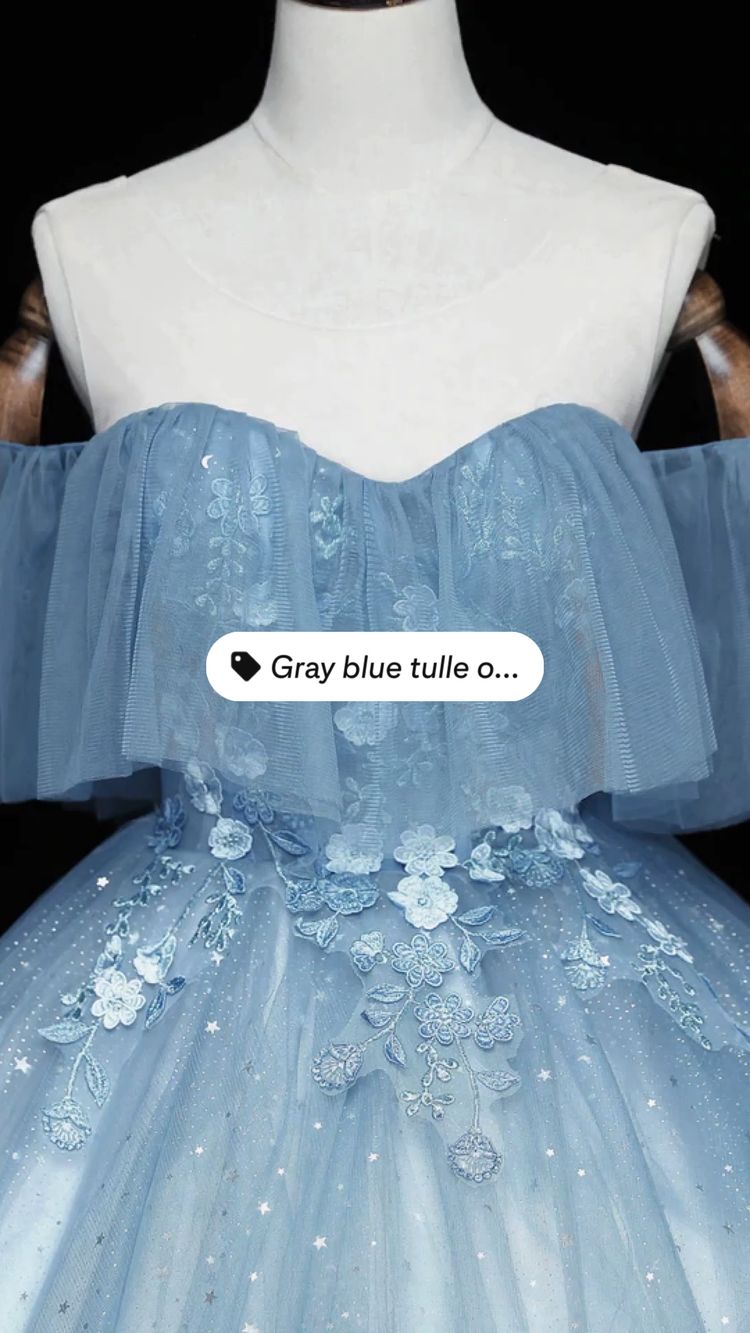 Gray blue tulle long prom dress birthday dress Y49