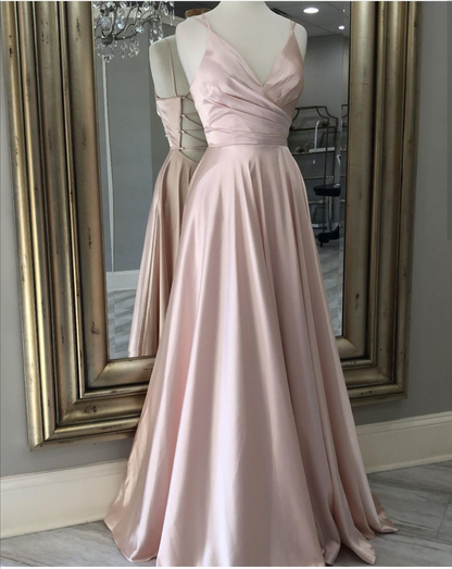Pink V Neck Prom Dress Long Evening Dress with Tie Back Y848