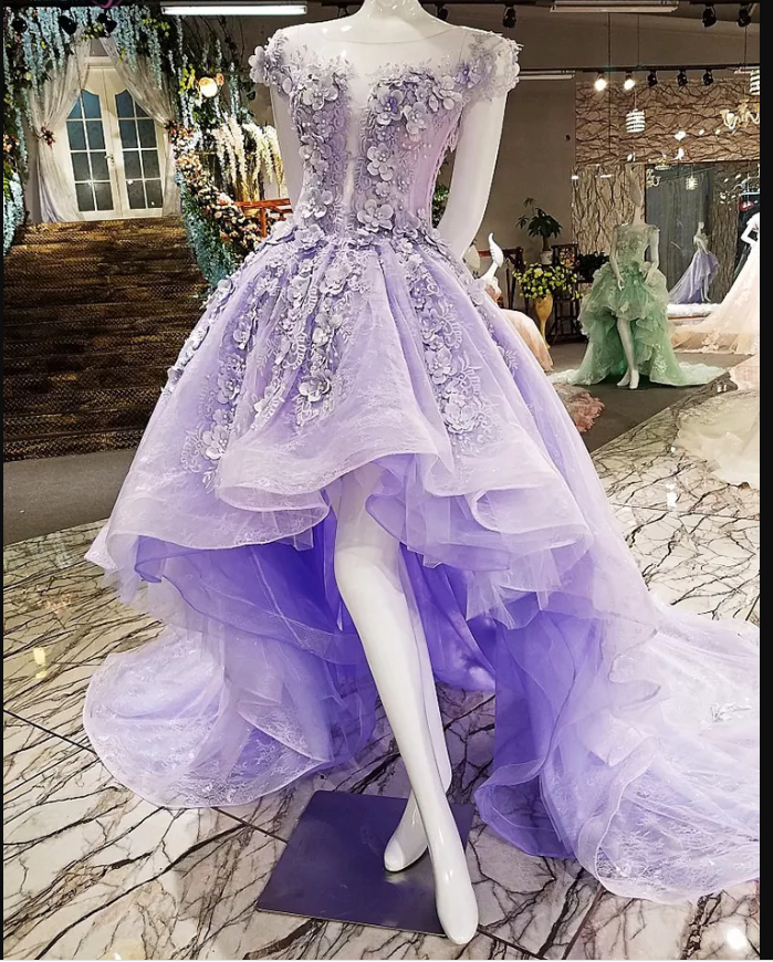 Hi-low Party Dress Lace Appliques Purple Prom Dress Y1077