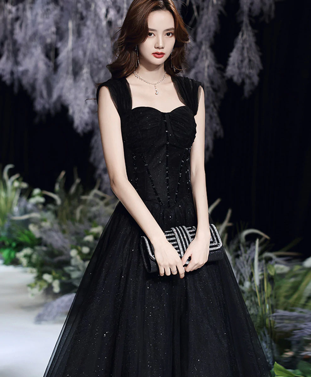 Black Tulle Off Shoulder Long Prom Dress, Black Formal Graduation Dresses Y1131