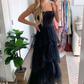 Elegant A-line Layered Tulle Black Prom Dress,Sheer Corset Long Evening Dress,Graduation Dress Y653