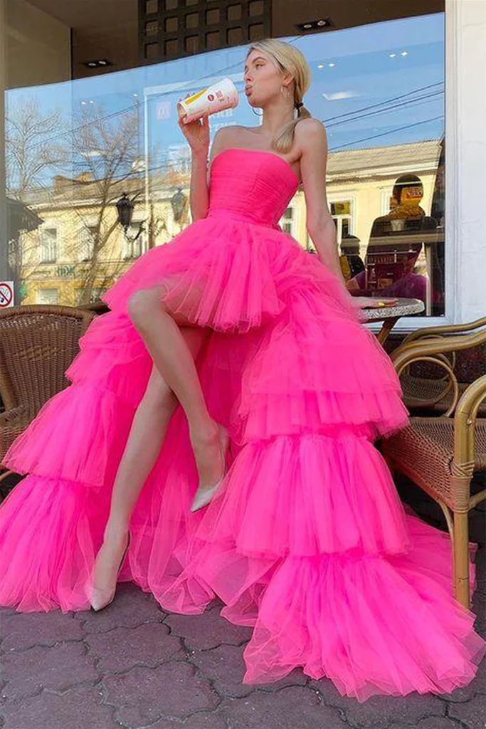 Strapless High Low Layered Hot Pink Tulle Long Prom Dress, High Low Hot Pink Formal Dress, Hot Pink Evening Dress Y214