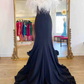 Long Black High Slit Prom Dress with White Feather Y872