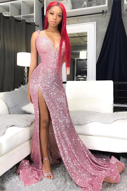 Sequins Pink Prom Dresses | Mermaid Sexy Slit Formal Evening Dress Long Y1921