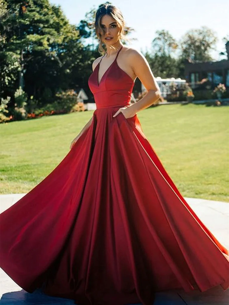 Burgundy V Neck Long Prom Dresses, V Neck Wine Red Long Formal Evening Dresses Y236