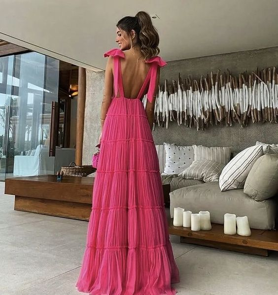 Hot Pink Backless Prom Dress, Evening Dress Y1522
