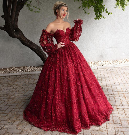 Dark Red Lace Beaded Prom Dresses Off The Shoulder Long Sleeves Formal Dress Floor Length A Line Plus Size Evening Gowns Y766