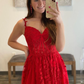 V Neck Tulle Red Lace Long Prom Dress with High Slit, Red Lace Formal Dress, Red Evening Dress Y217