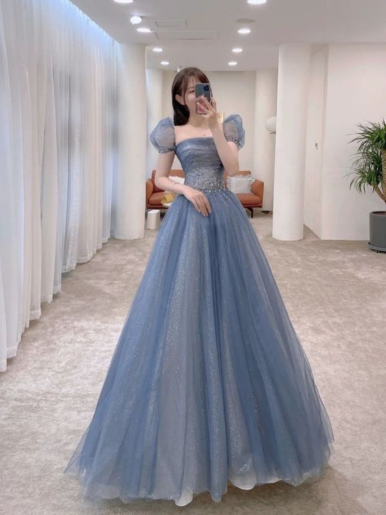 A-line Blue Tulle Long Prom Dress Bubble Sleeves Y271