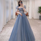 A-line Blue Tulle Long Prom Dress Bubble Sleeves Y271