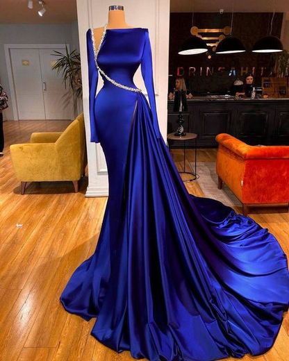 elegant modest evening dresses long sleeve royal blue beaded luxury elegant formal party dresses Y40