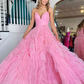 Princess Pink Strappy Frill-Layered A-Line Long Prom Dress Y1873