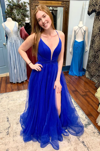 V Neck Backless Blue Tulle Long Prom Dress with High Slit, Backless Blue Formal Graduation Evening Dress Y218