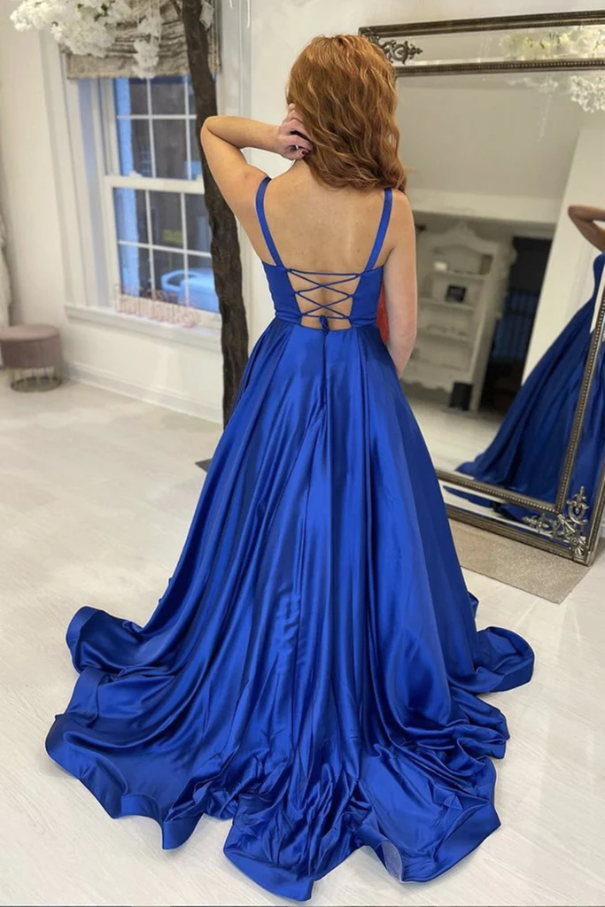 Simple A Line Royal Blue Satin Long Prom Dress, Long Blue Formal Graduation Evening Dress Y225