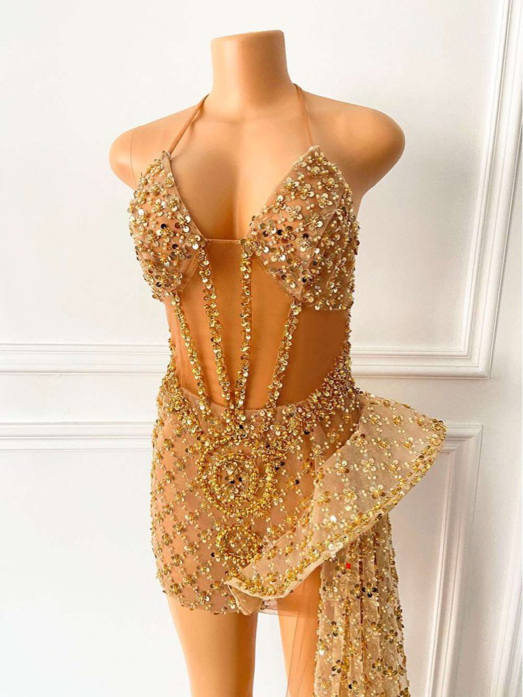 Glitter Sleeveless Gold Sequin Girls African Short Homecoming Dresses Y548