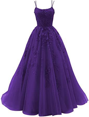 Purple Spaghetti Strap Prom Dresses Long Tulle Lace Appliques Princess Birthday Party Dress Y879