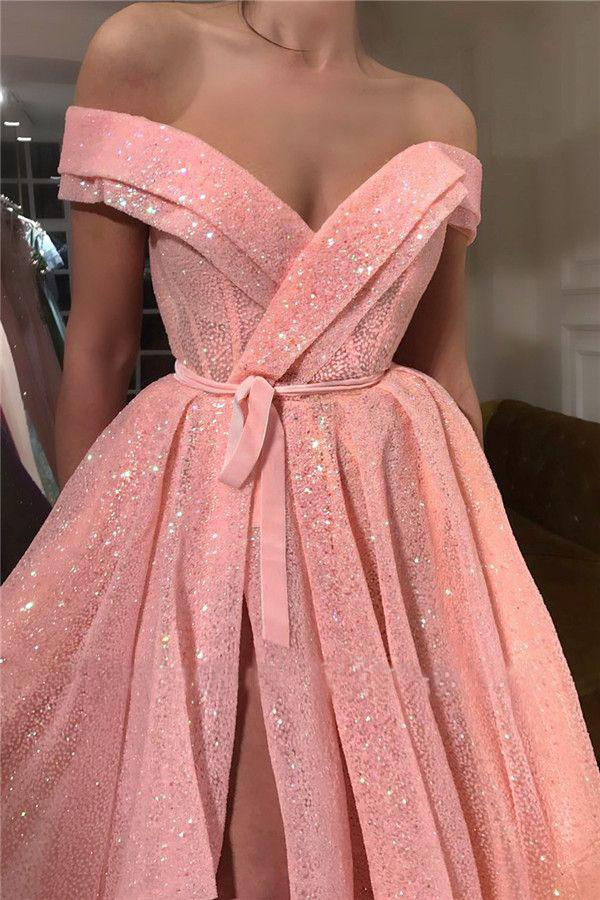 A Line Pink Sequins Off the Shoulder Prom Dresses with Split, V Neck Dance Dresses Y888