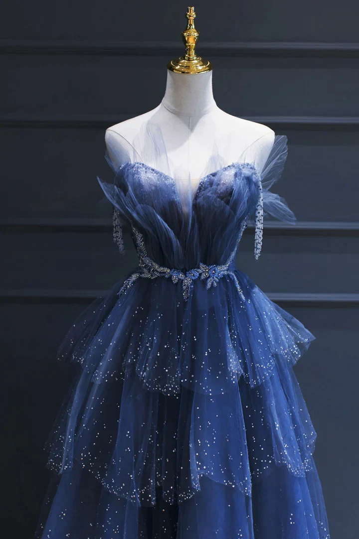 Blue Tulle Beaded Long A-line Prom Dress Y1547